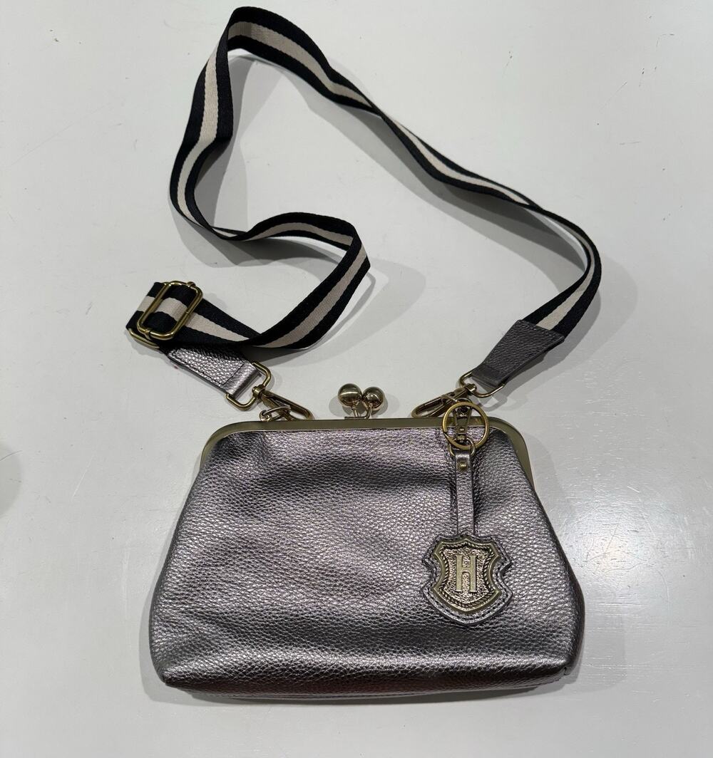 J.W. Hulme Co. Silver Pebbled Crossbody Bag Gold Hardware Charm Striped Strap